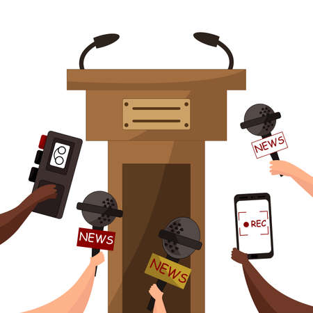 Press conference concept. Hands holding microphones and empty tribune.のイラスト素材