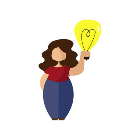 An illustration of a woman holding a light bulb in her hand. Idea concept. Isolated on white.のイラスト素材
