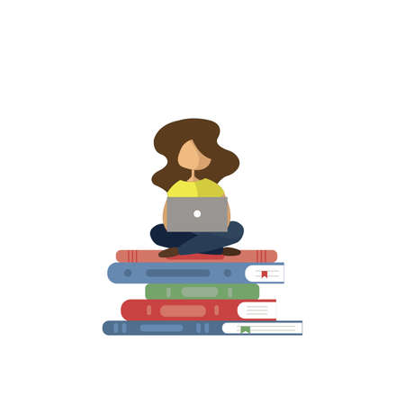 An illustration of a girl sitting on a stack of books with laptop. Online learning concept. School during quarantine. Isolated on white.のイラスト素材