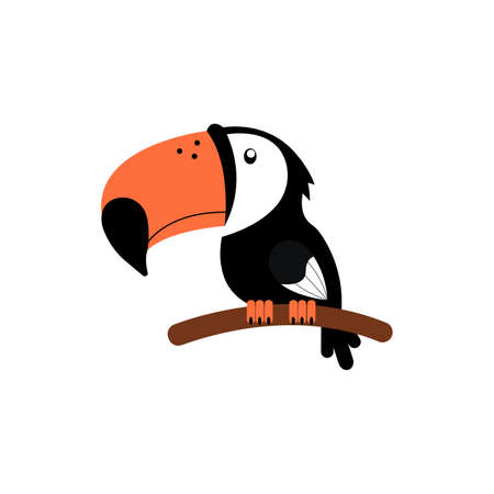 An illustration of a cartoon toucan bird sitting on a branch. Isolated on white.のイラスト素材