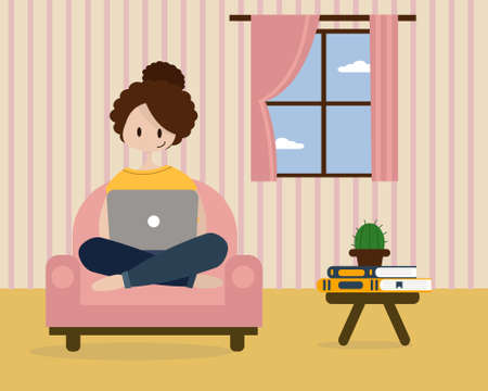 An illustration of a woman working from home on her laptop. Pink room with a sofa, coffee table, books and cactus. Freelance concept.のイラスト素材