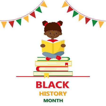 Black girl sitting on a stack of booksのイラスト素材