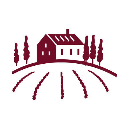 Country house and field hand drawn red ink sketchのイラスト素材