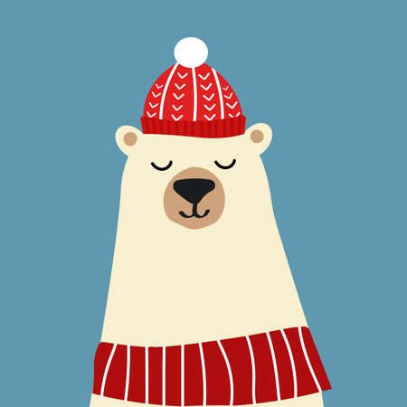 Cute polar bear wearing a hat and a striped scarfのイラスト素材