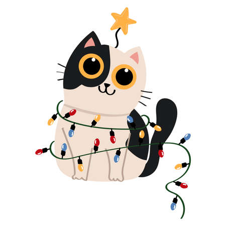 Cute cartoon cat wrapped in Christmas garland.のイラスト素材