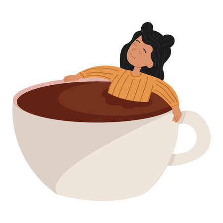 Young woman laying in a big cup of coffee.のイラスト素材