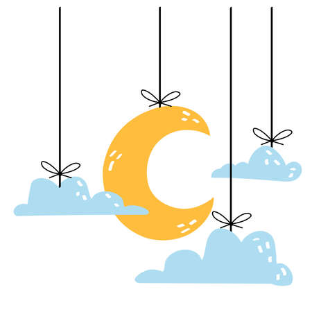 Cute yellow moon and blue clouds.のイラスト素材