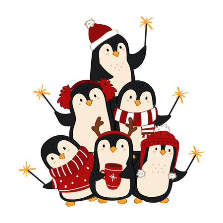 Cartoon style Christmas tree with cute penguins.のイラスト素材