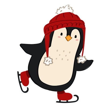 A cute cartoon style penguin in red hat ice skating.のイラスト素材