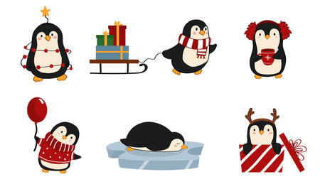 A set of cute cartoon style Christmas penguins.のイラスト素材