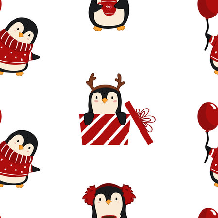 Seamless pattern with cute Christmas penguins.のイラスト素材