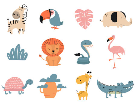 Cute set of hand drawn doodle safari animals.のイラスト素材