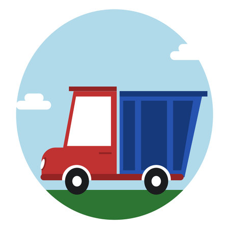 An illustration of a cute red dump truck with blue container.のイラスト素材