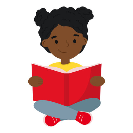 Cute African American girl reading a book.のイラスト素材