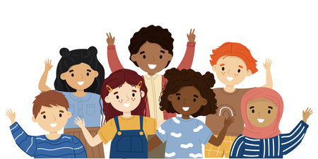 A group of happy children waving.のイラスト素材