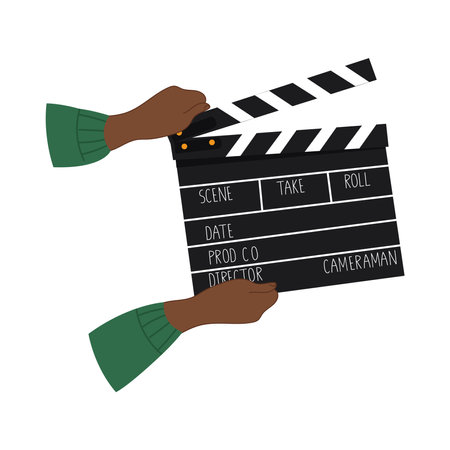 A pair of black hands holding a movie slate.のイラスト素材
