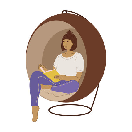 Woman reading a book in a hanging swing chair.のイラスト素材