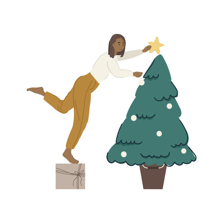 Modern black woman decorating Christmas tree.のイラスト素材