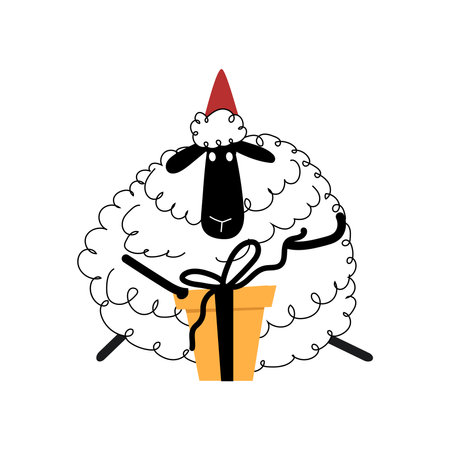 Doodle Christmas sheep with yellow gift box.のイラスト素材