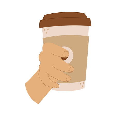 An illustration of a cartoon style hand with a cup of takeaway coffee. A person holding a hot drink.のイラスト素材