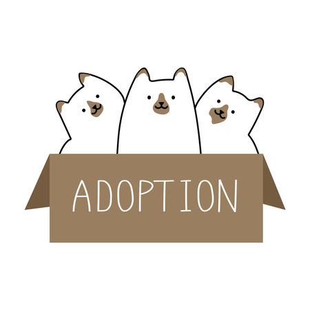 Three cute kittens in a box given for addoption. Cute doodle domestic animals.のイラスト素材