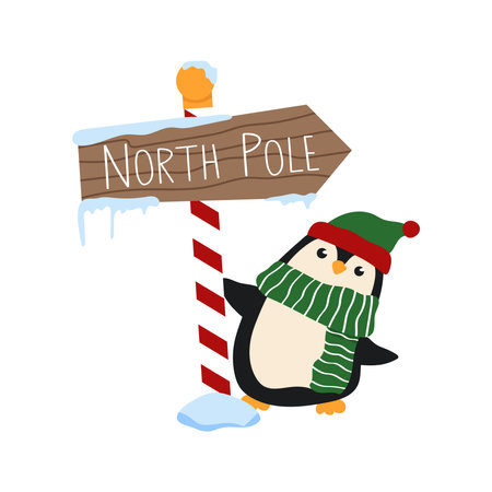 Cute Christmas penguin holding North Pole sign. Cartoon animal wearing a winter hat and a striped scarf.のイラスト素材