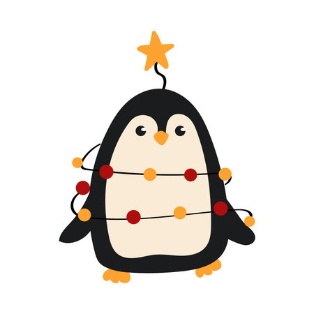 Cute cartoon style penguin rolled in Christmas lights.のイラスト素材