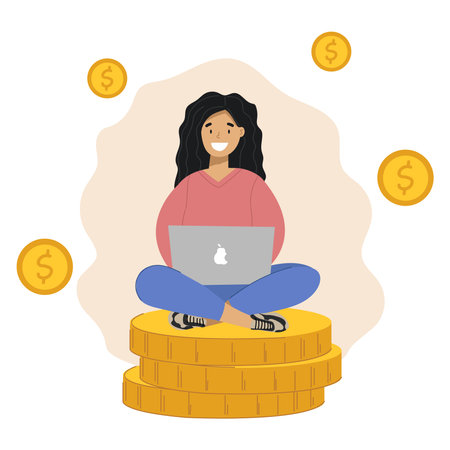 An illustration of a women sitting on a stack of money with a laptop on her knees. Freelance concept.のイラスト素材