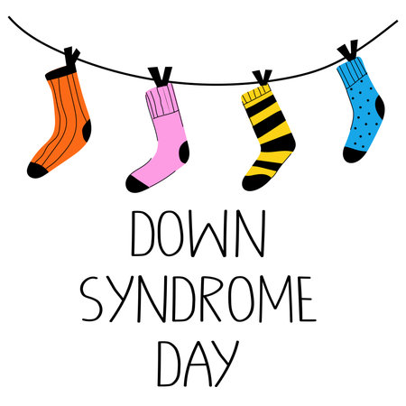 World Down Syndrome Day colorful banner. Celebrated annually on March 21. Doodle multicolored sockes and text.のイラスト素材