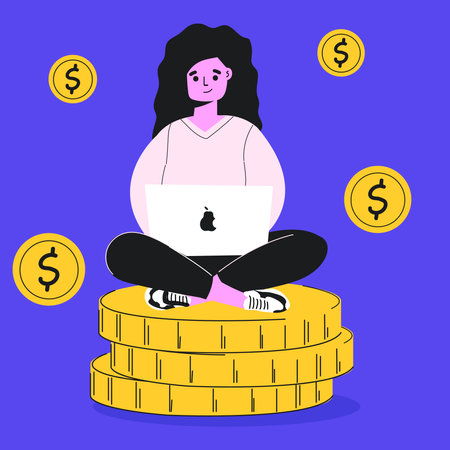 An illustration of a woman sitting with her laptop on a stack of golden coins. Online investment concept. Freelancing, online business, internet banking.のイラスト素材