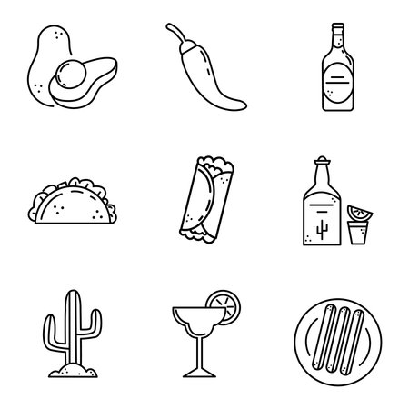 A set of line Mexican icons. Avocado, chili pepper, bottled beer, tequila, burrito, churros, taco, margarita glass, cactus images.のイラスト素材