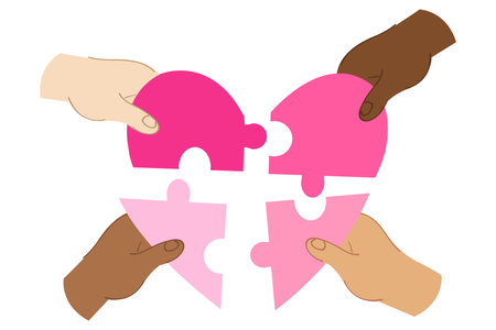 People of different ethnicities holding puzzle pieces of one heart.のイラスト素材