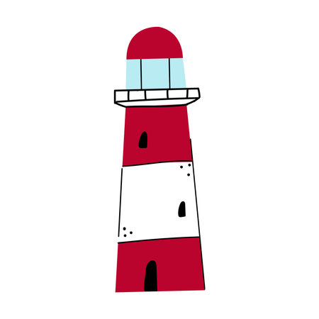 Cute illustration of a doodle red lighthouse. Navigation light tower.のイラスト素材