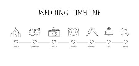 Lineart wedding timeline template. Marriage day plan. Church, ceremony, photo, dinner, reception, cocktails, cake, dance. Line icons.のイラスト素材
