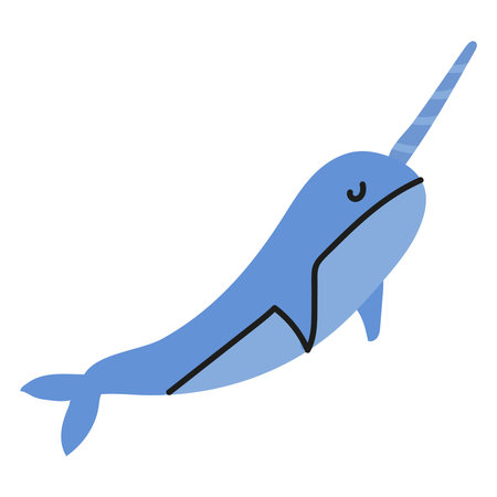 An illustration of a cute blue narwhal. Doodle whale with horn.のイラスト素材