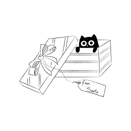 A cute sketch of a black cat in a Christmas present box. Black and white xmas illustration.のイラスト素材