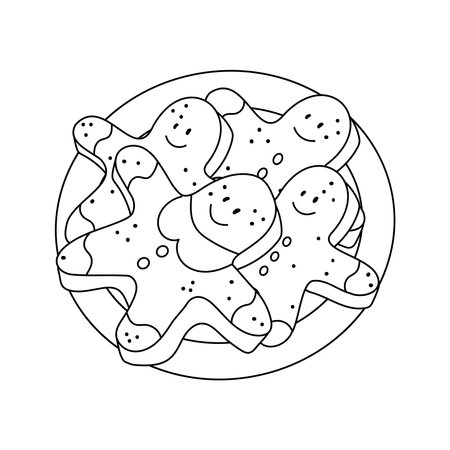 A fun coloring page featuring a plate with a stack of gingerbread men. Black and white Christmas cookies.のイラスト素材