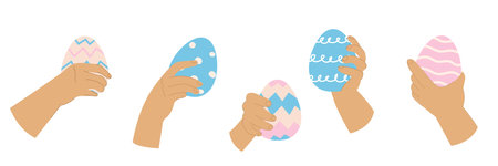 A set of human hands holding colorful Easter eggs.のイラスト素材