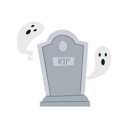 Spooky Halloween vector illustration with a tombstone and two friendly ghosts. Perfect for holiday decorations, greeting cards, party invitations.のイラスト素材