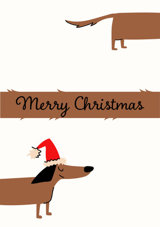 Fun Christmas card illustration with a dachshund dog wearing a Santa hat. Playful holiday greeting with the text "Merry Christmas," perfect for festive decoration, cards, and seasonal design.のイラスト素材