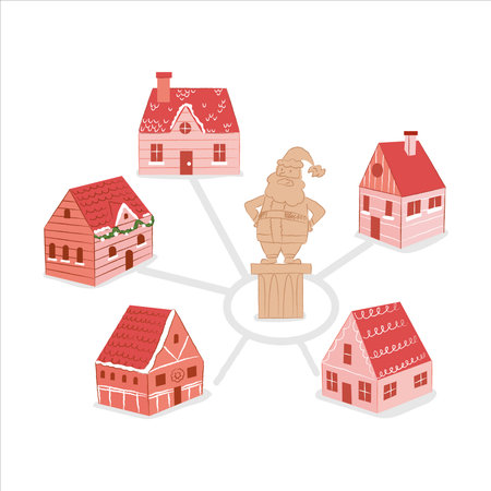 Cute Christmas illustration of the elf village with a statue of Santa Claus. North pole conceptのイラスト素材