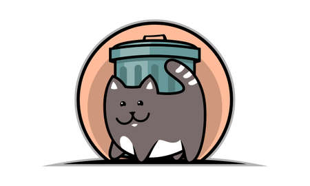 Fat cat standing near trash pot. Cartoon vector illustration of a cat and a garbage can.のイラスト素材