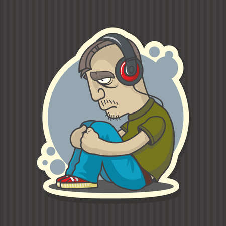 Sad man in headphones listening to the music vector illustration.のイラスト素材