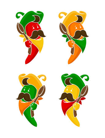 Cartoon chili pepper characters in sombrero and bandana with big spoon. Colored peppers icons set.のイラスト素材