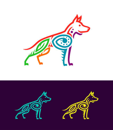 Dog vector illustration in Ecuadorian or Mexican ethnic style. Colored outline dog silhouettes stylized in ancient rock painting art.のイラスト素材