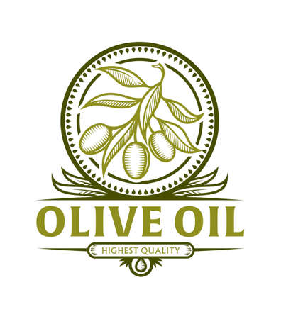 Stylized olive branch icon in frame with leaves for olive oil label, vector emblem with replaceable text partのイラスト素材