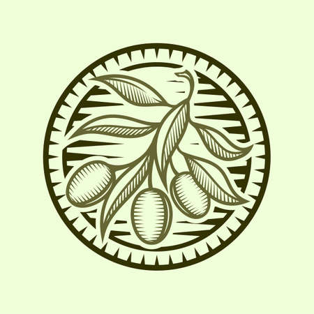 Olive branch icon with leaves in stylized frame - round cut out emblemのイラスト素材