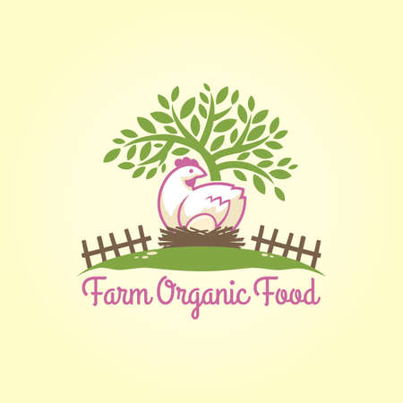 Chicken character sitting in the nest with egg under the tree - farm thematic emblemのイラスト素材