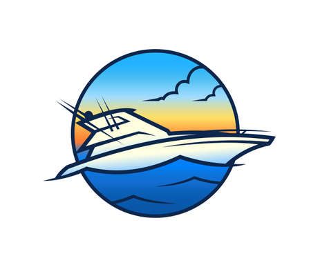 Yacht on background of sea and sunset - tourism and VIP nautical vessel symbol in round iconのイラスト素材