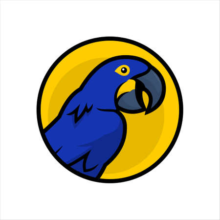 Blue Macaw parrot cartoon character icon in yellow circleのイラスト素材